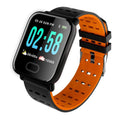 A6 smart bracelet with colour screen and silicone strap in black, blue, or orange on a wrist