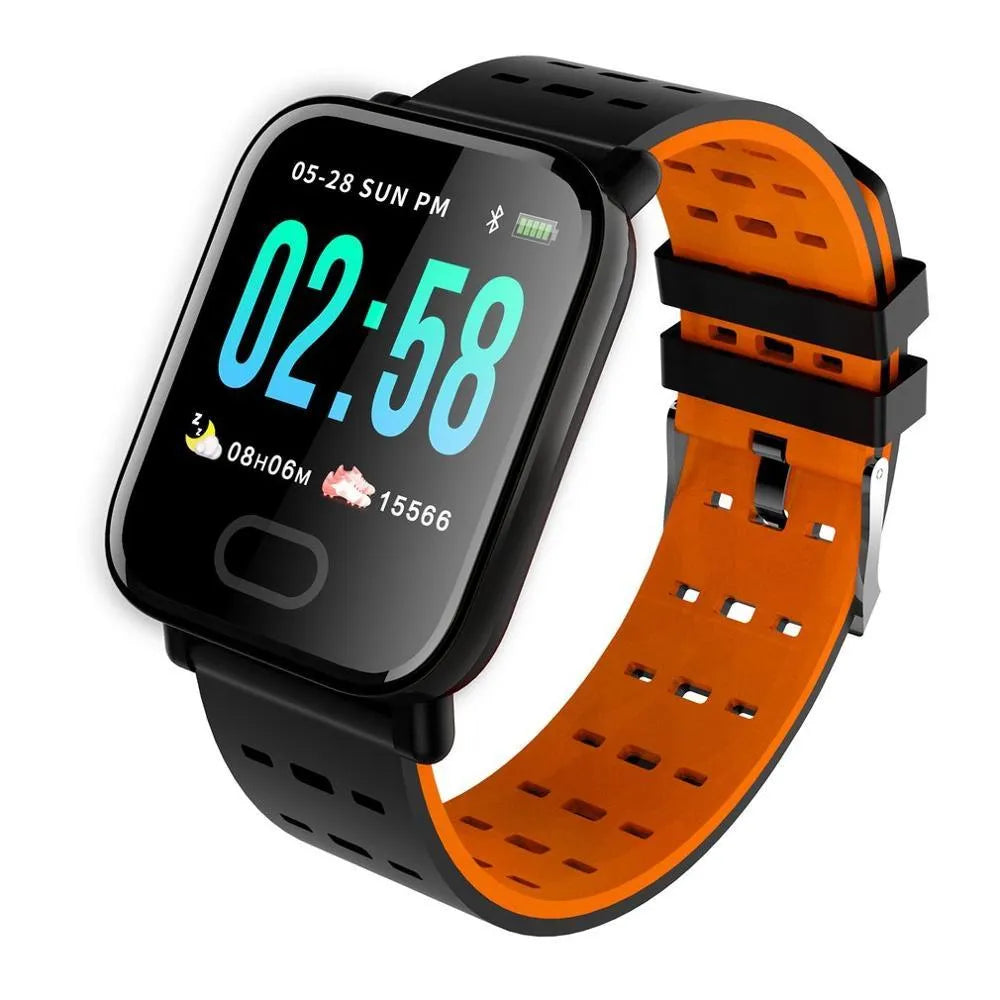 A6 smart bracelet with colour screen and silicone strap in black, blue, or orange on a wrist