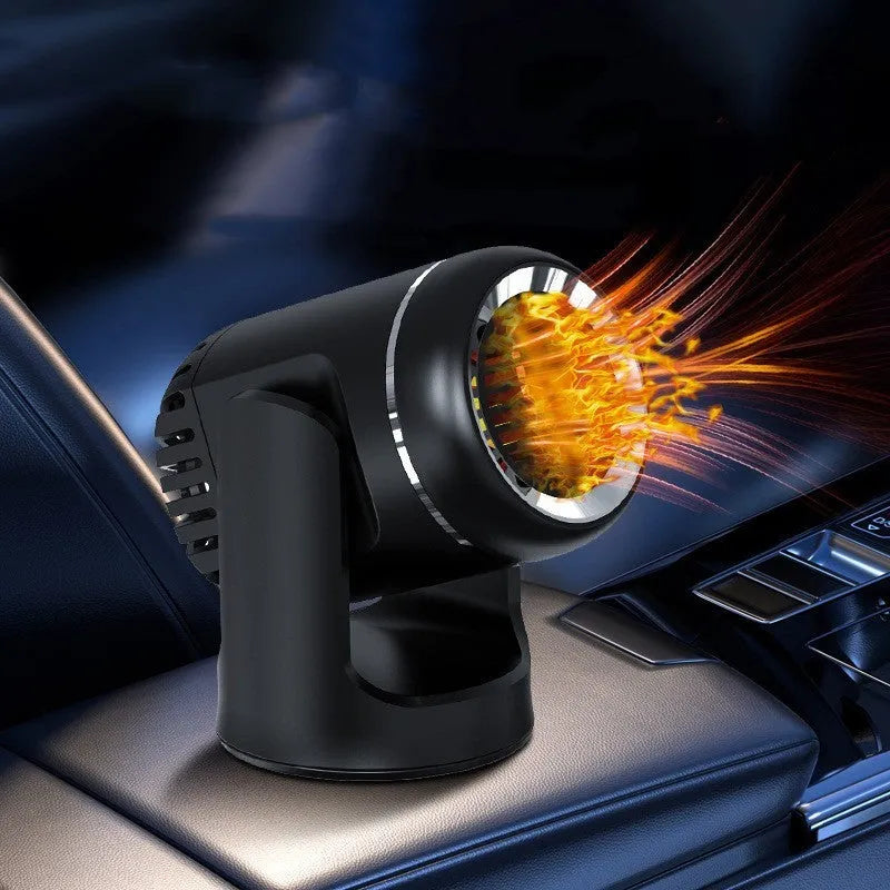 Black and white 12V portable car heater with defrosting and cooling functions, showing dimensions.
