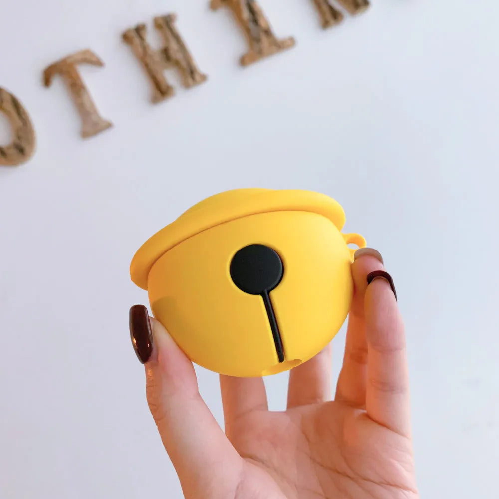 Yellow silicone protective case for AirPods 1 and 2 with an attached carrying strap.