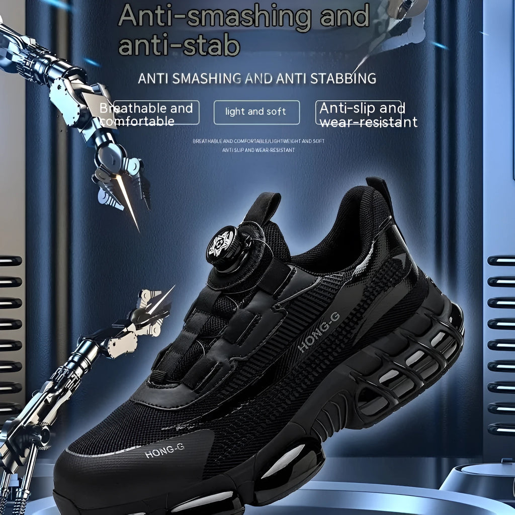 Lightweight black anti-smash work shoes with a breathable Flyweave upper and front lacing