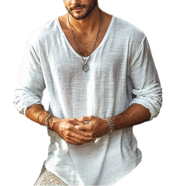 Beige men's slim-fit V-neck long-sleeved T-shirt made from hemp-blend fabric