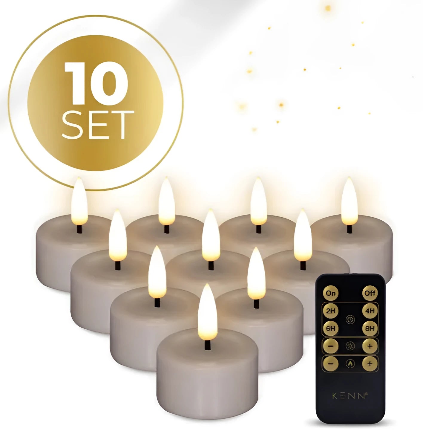 Four taupe-coloured LED tealight candles with 3D flickering flame effect on a surface.