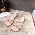 Women's thick heel sandals in apricot colour with backless slip-on design