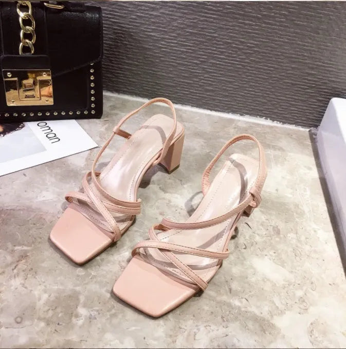Women's thick heel sandals in apricot colour with backless slip-on design