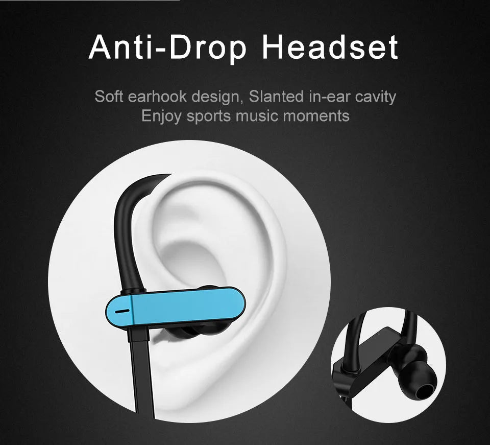 PTM TS27 sport ear hooks with microphone in black and blue, showing flexible over-ear design and silicone earbud covers.