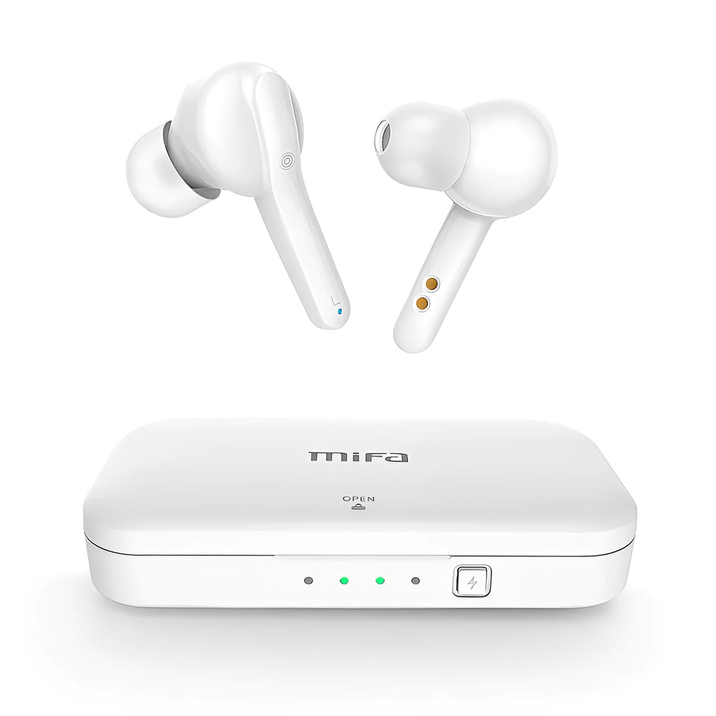 Black and white true wireless stereo earbuds with Bluetooth 5.0 and IPX5 waterproof rating