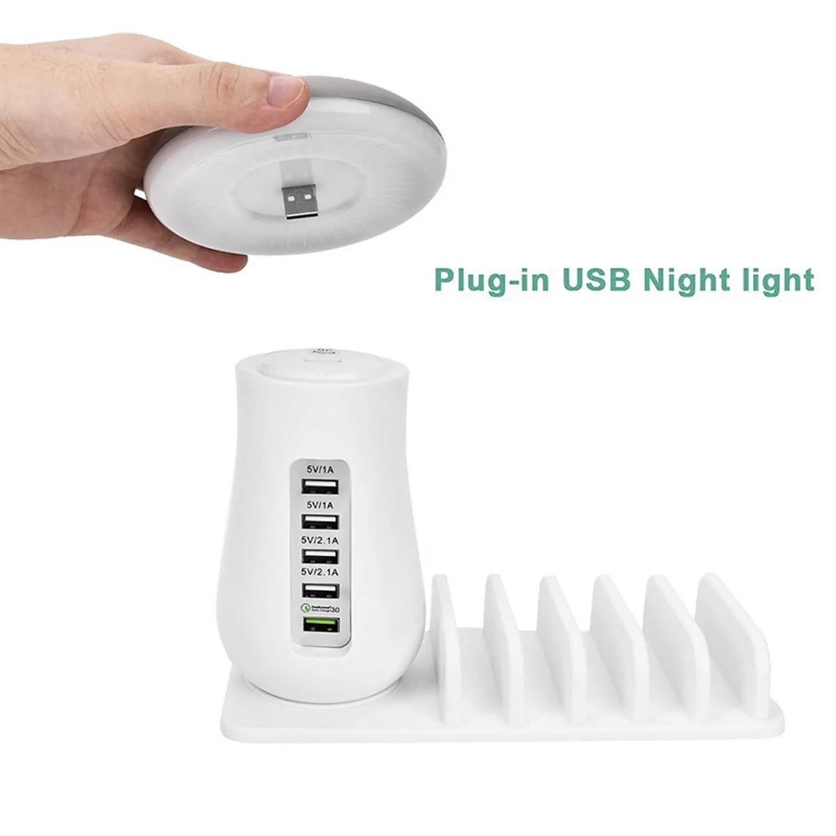 White Besegad mushroom-shaped USB charging dock station with five ports and integrated LED desk lamp.