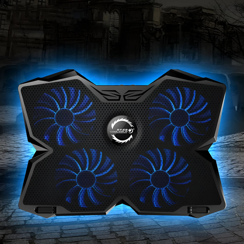 Blue computer cooling base with four LED fans, two USB ports, and speed control switches