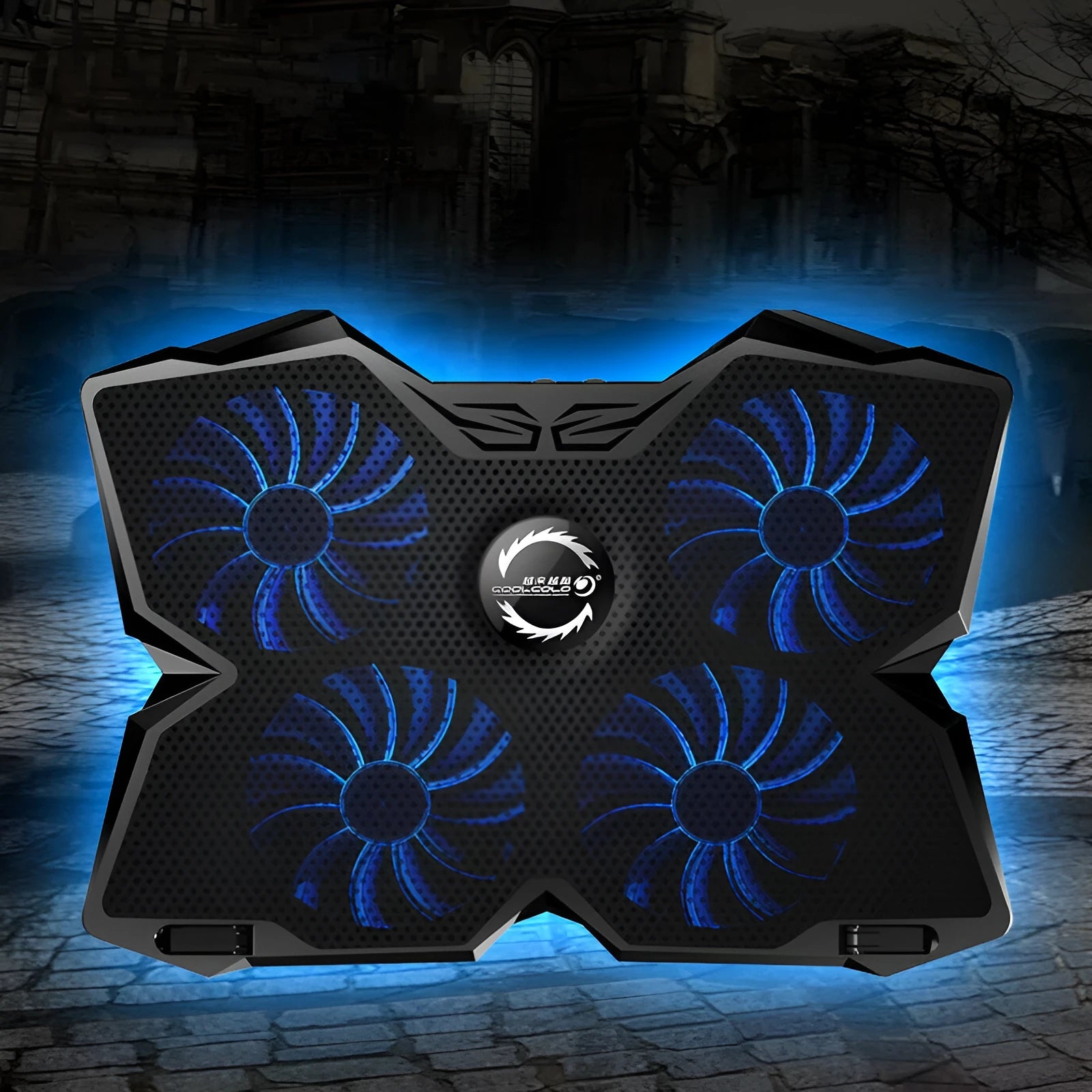 Blue computer cooling base with four LED fans, two USB ports, and speed control switches