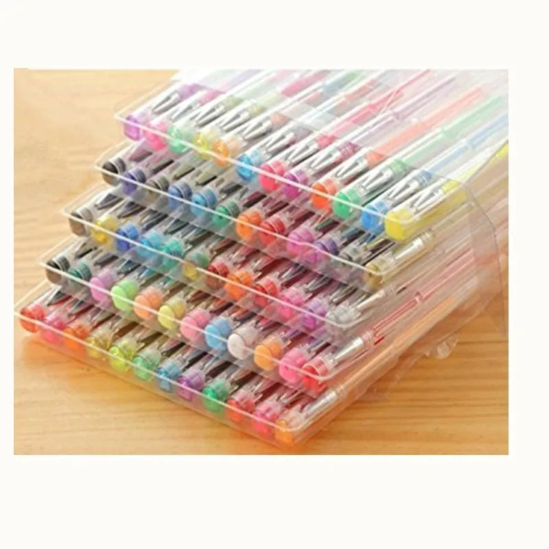 Set of 100 assorted colour gel pens with plastic barrels, showing fine and broad tips for drawing and highlighting.