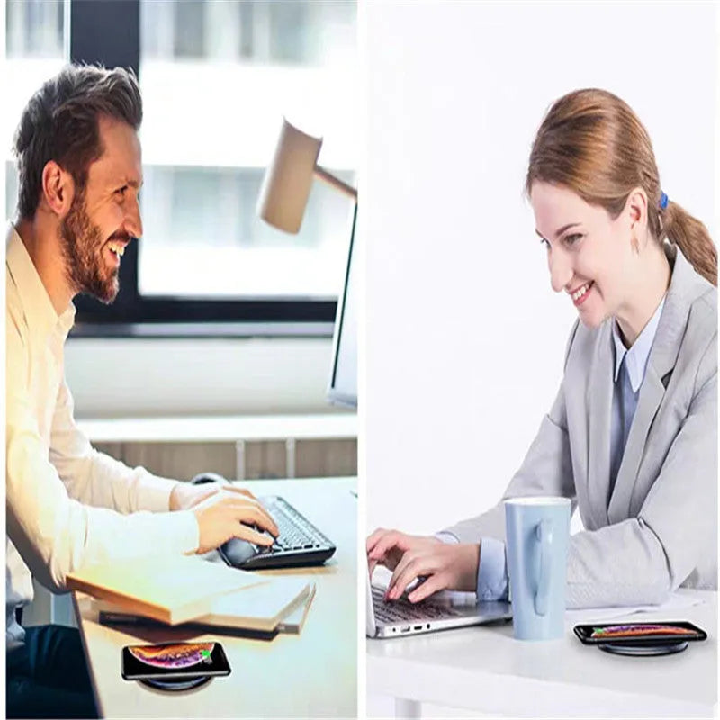 Black 15W Qi fast wireless charging pad with aluminium body and LED light, shown next to a smartphone.