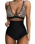Women's high waist one-piece swimsuit in light green and black leopard print quick dry polyester fabric