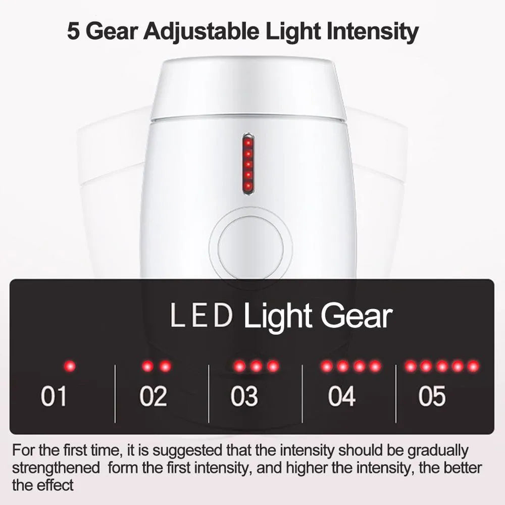 White home laser hair removal device with LCD display and five adjustment buttons