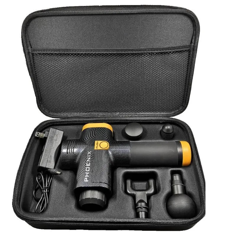 Black fascia massage gun with four removable heads on a grey background
