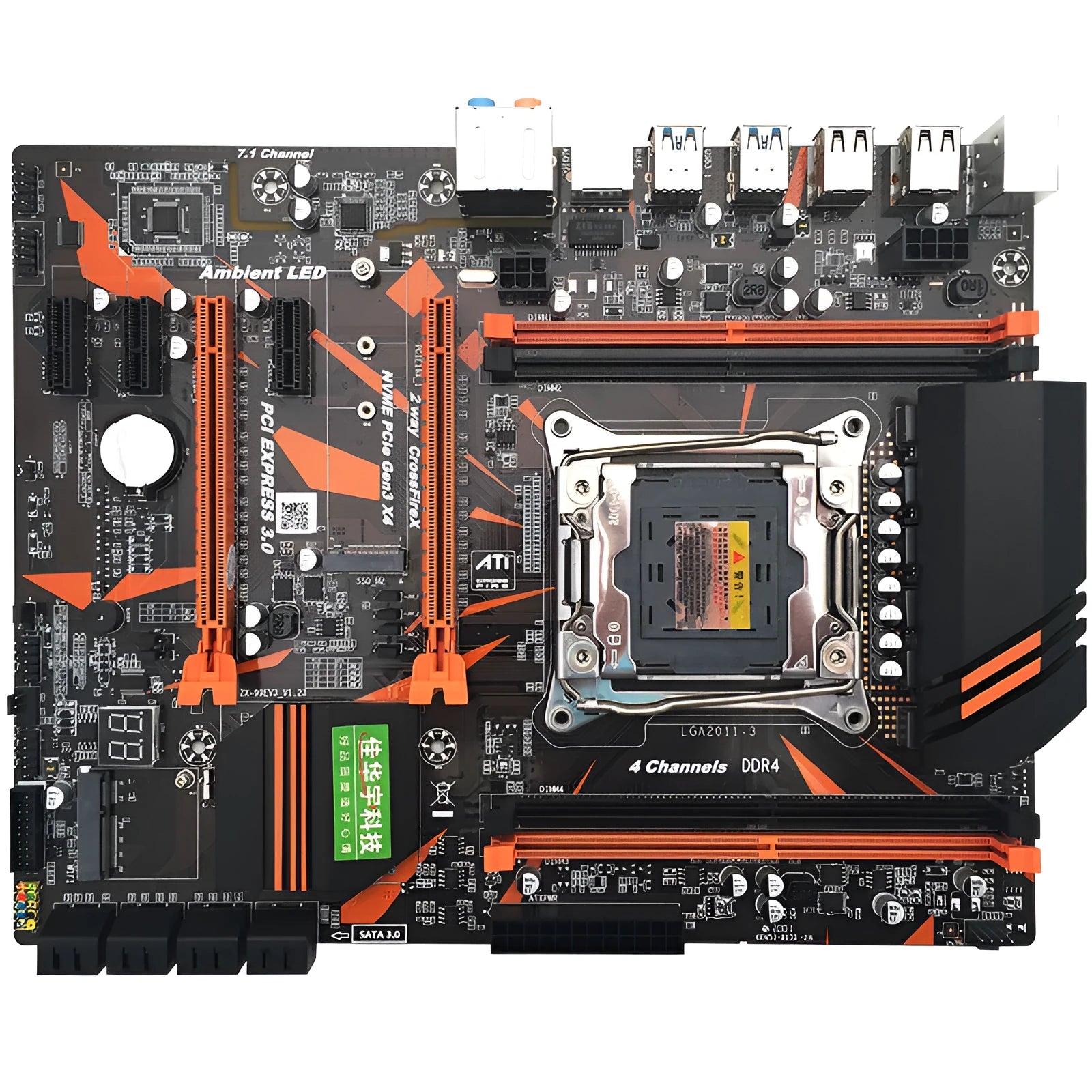 Black X99 computer motherboard with LGA2011-3 CPU socket, four DDR4 RAM slots, and PCIe expansion slots
