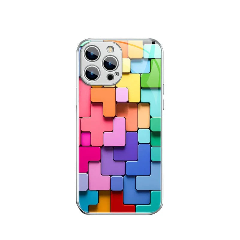 Silicone iPhone case with a raised cartoon geometric pattern on the back in a glass-effect colour.