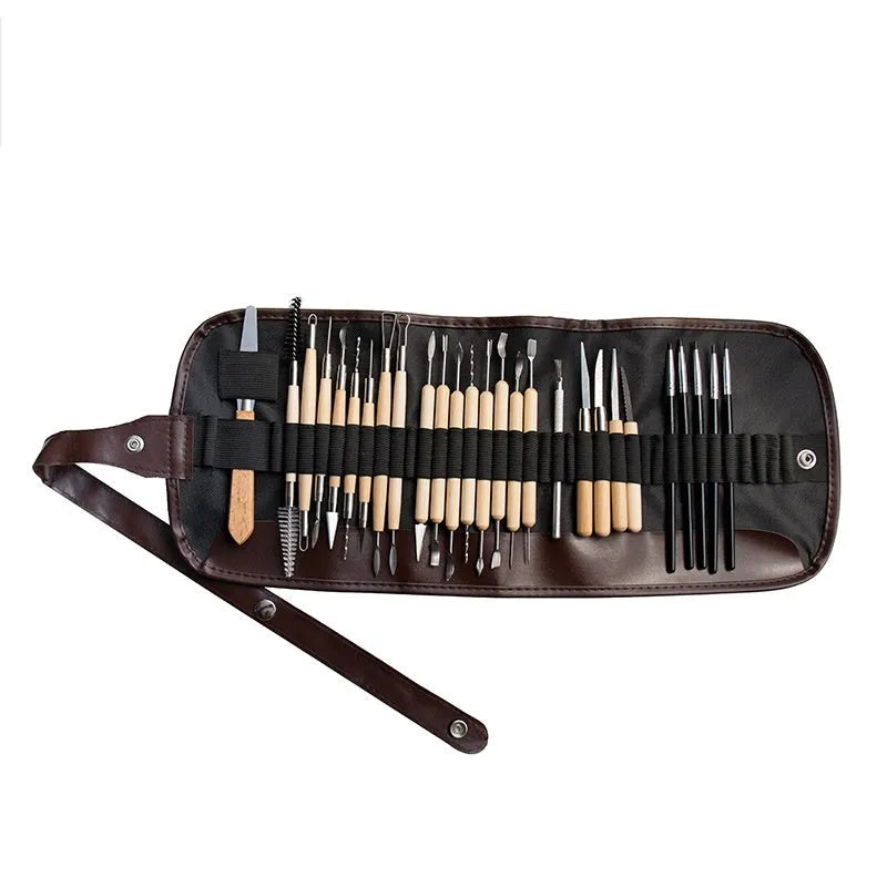 27-piece pottery clay tool set with stainless steel, wood, and plastic instruments for sculpture.