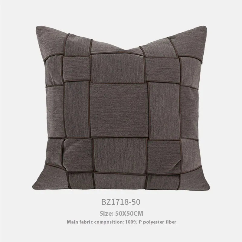 Square chenille woven cushion in beige, black, orange, reddish brown, green, coffee or taupe, 50cm size.