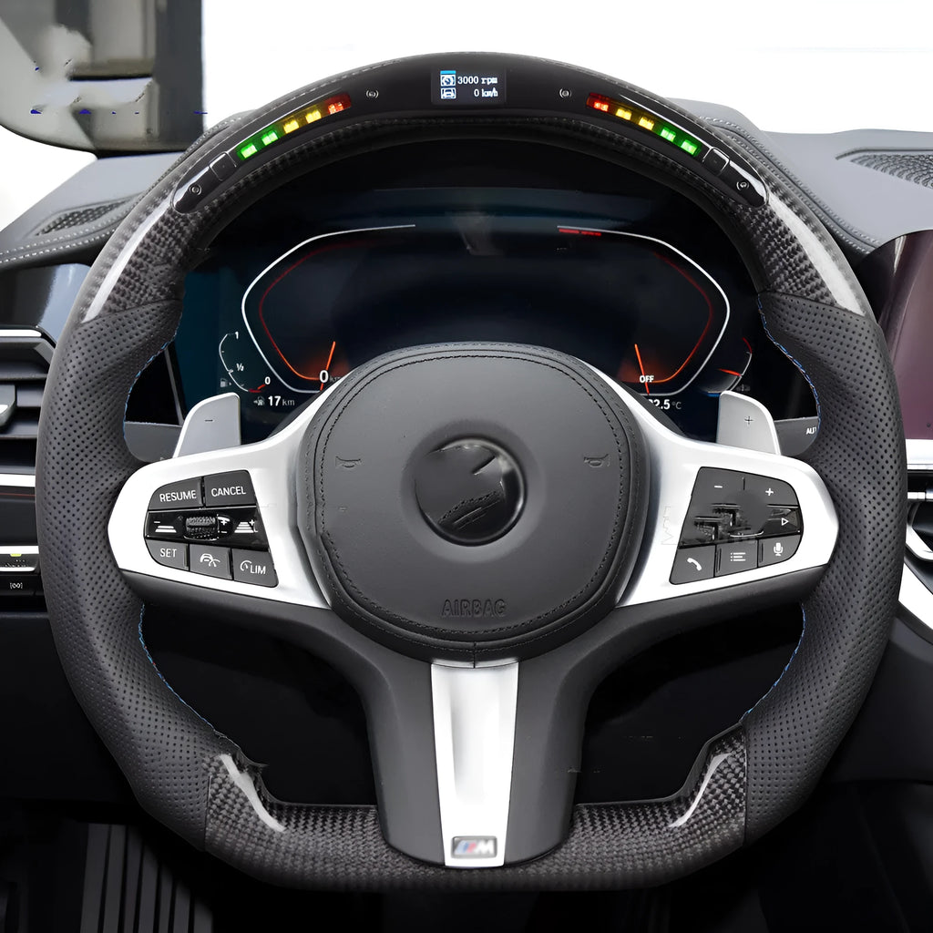 Black carbon fibre steering wheel for BMW X3 X5 with LED controls and heating function