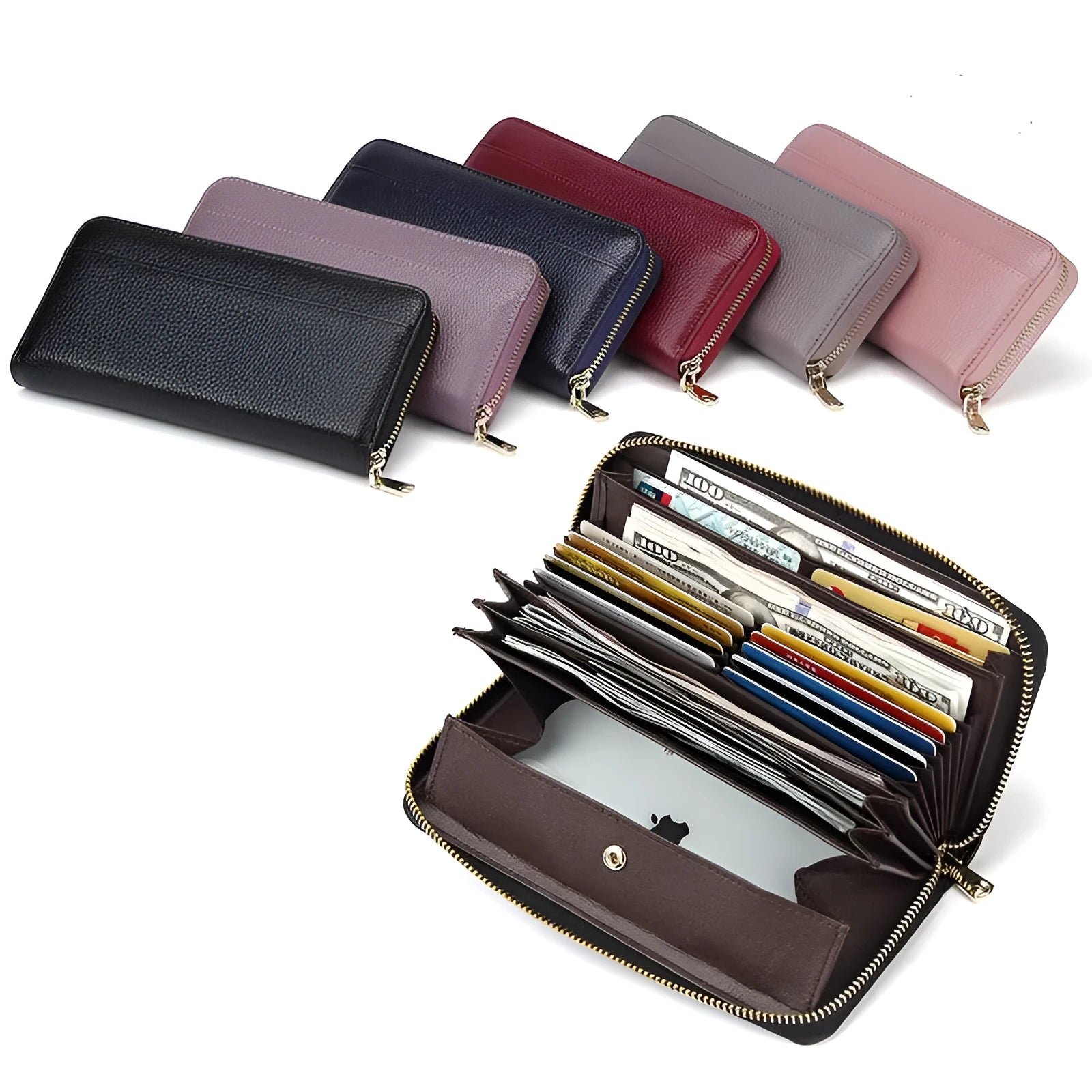Genuine leather long wallet for women in six colours with card slots
