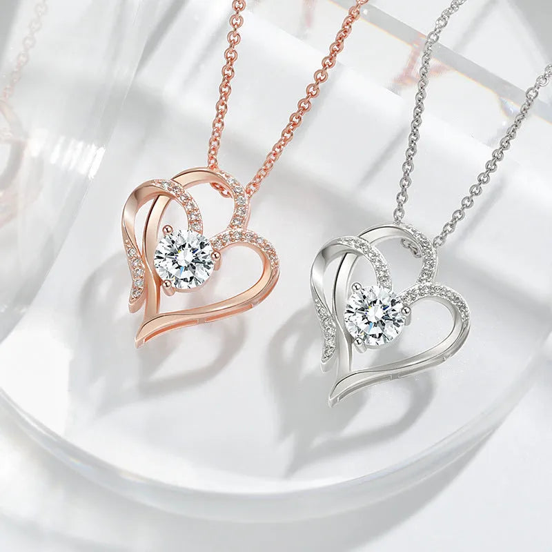 Women's silver heart necklace with gold plating in rose, white, and yellow options