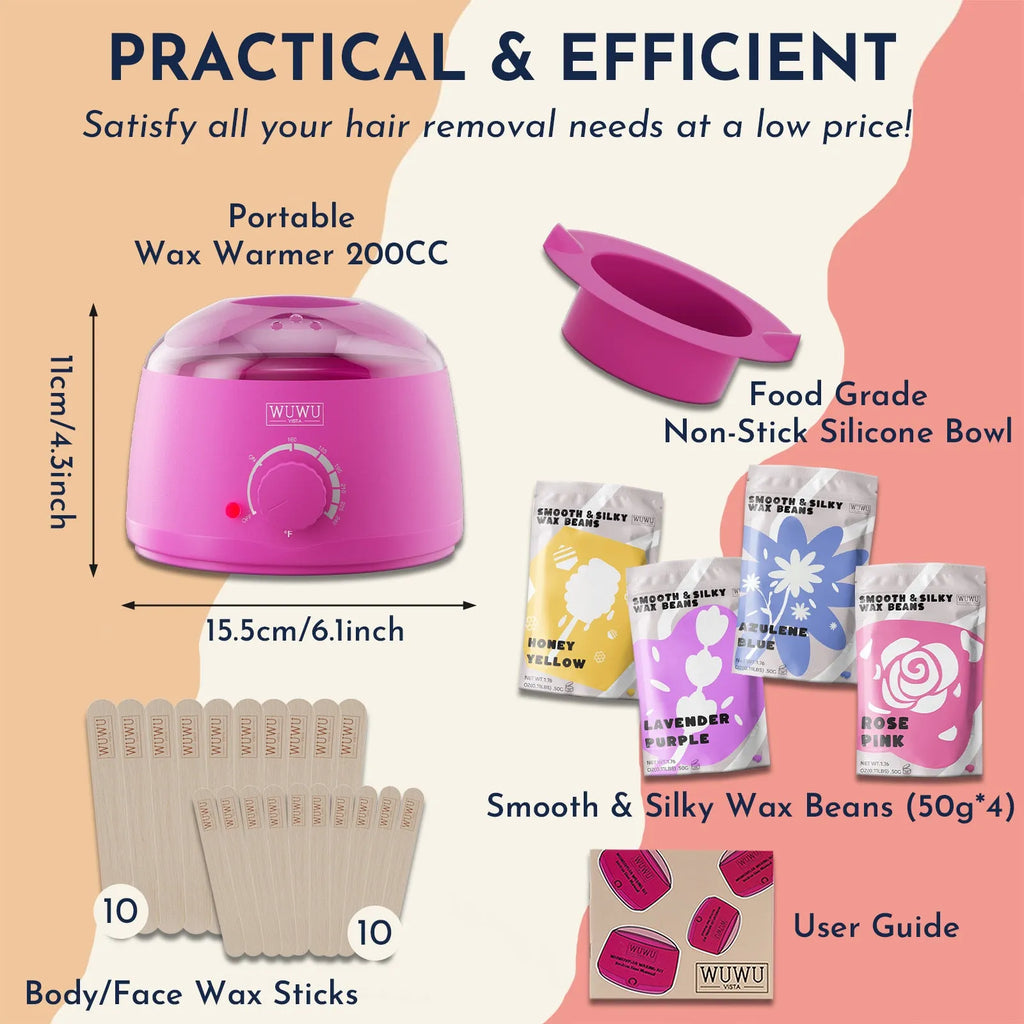 27-piece hair removal wax kit with heated machine, four wax bead colours, and applicator sticks