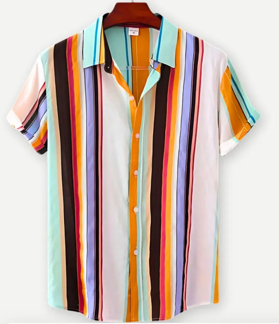 Floral Hawaiian print short sleeve shirt with lapel collar on a hanger