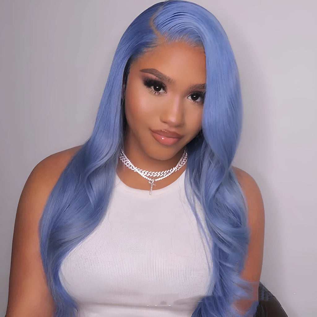Body wave human hair lace front wig on a stand showing long, wavy texture.