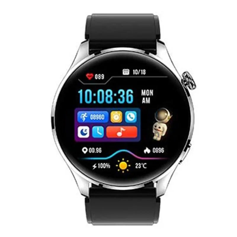 Smart watch with round colour touch screen showing interface, featuring zinc alloy case and black silicone strap
