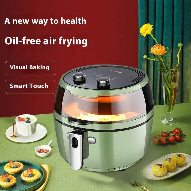 8-litre visible air fryer oven with mechanical buttons and nano-ceramic interior on a kitchen countertop.