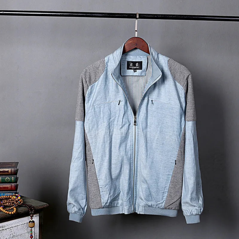 Men's thin cotton jacket in blue, regular fit, shown on a model for leisure wear.