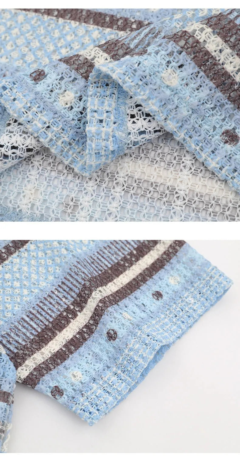 Blue and yellow versions of a men's loose-fit short-sleeved printed casual shirt.