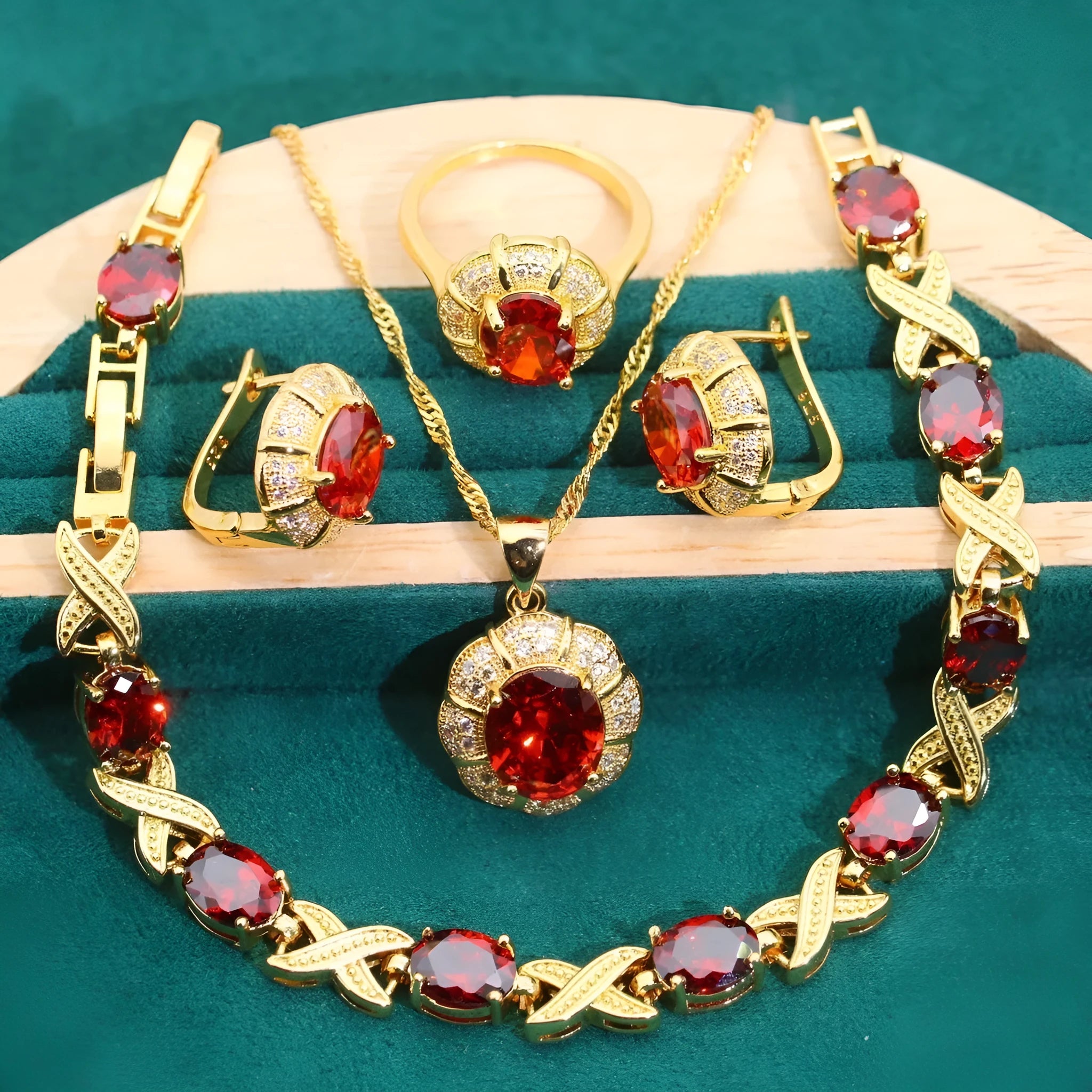 Gold plated jewellery set with multi-colour cubic zirconia stones including necklace, earrings, ring and bracelet