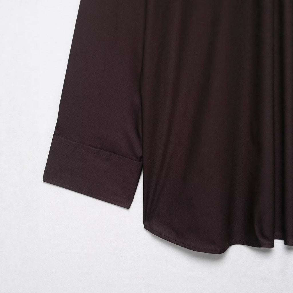 Brown women's poplin shirt with long sleeves and bow tie detail