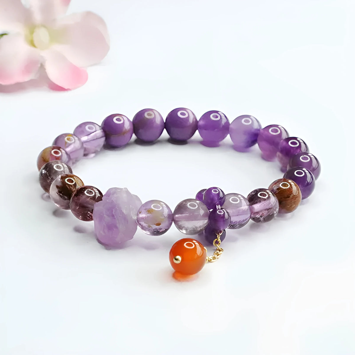 Nine Purple Fire Duobao crystal bracelet with amethyst and red agate stones in Mori style.