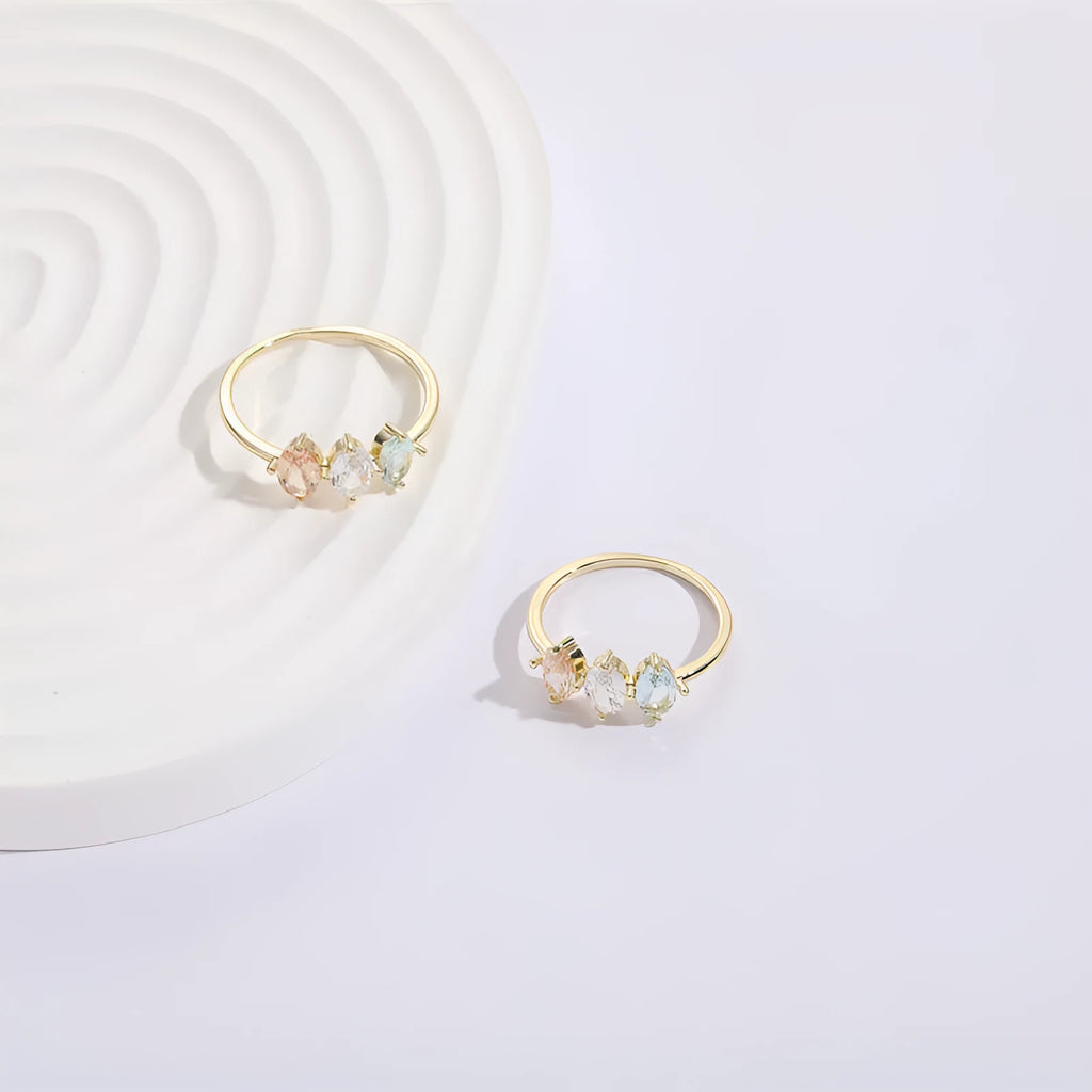 Geometric triangle women's ring with horse eye tricolour zircon stone in electroplated 14k gold colour