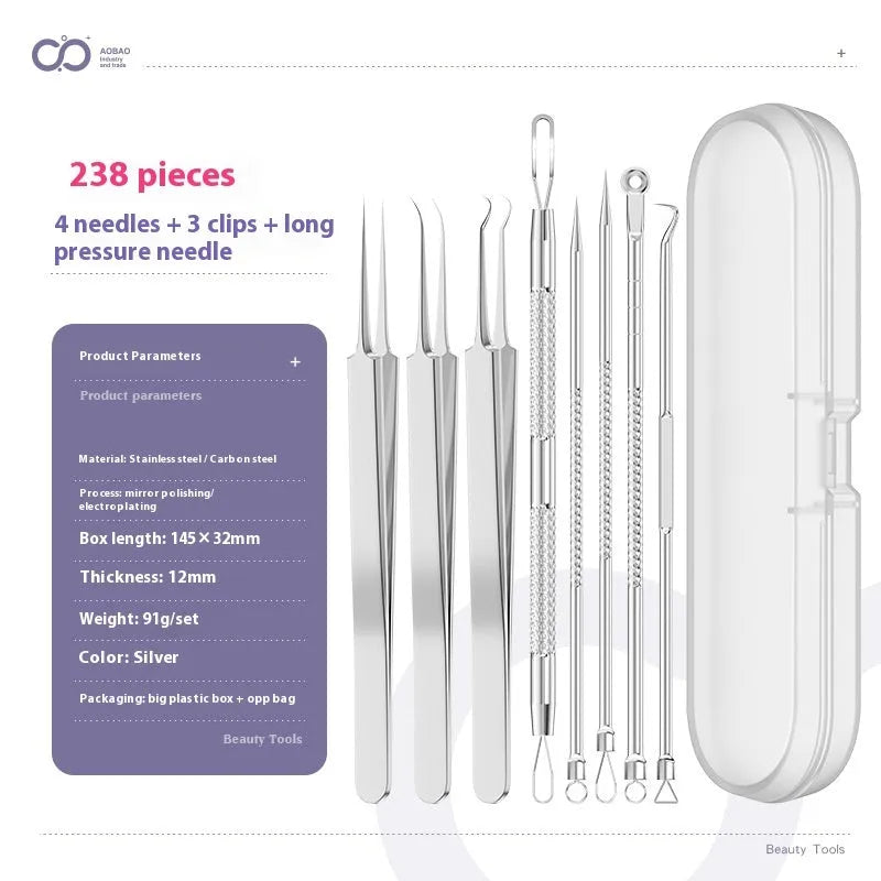 Four metal acne needles with ultra fine points stored in a black plastic clip.