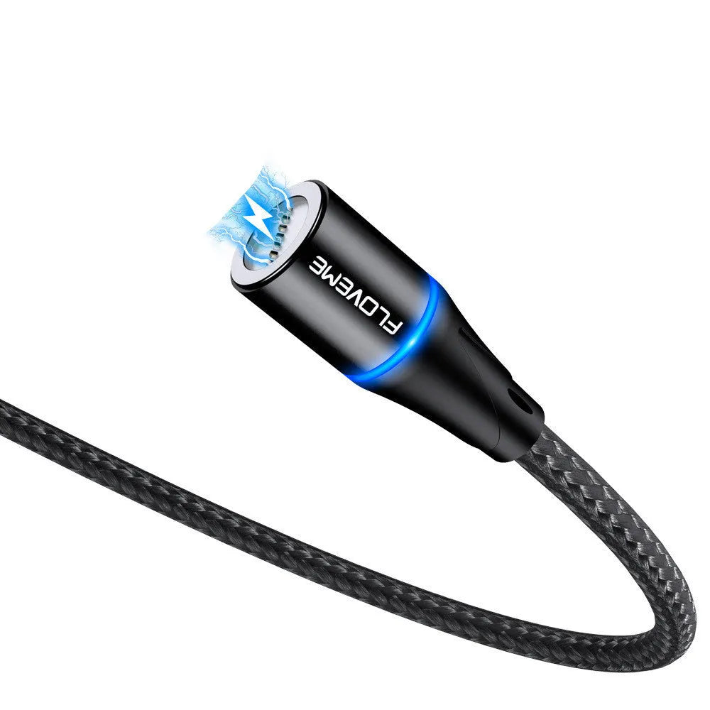 Black magnetic fast charge data cable with LED side lights and Type-C connector