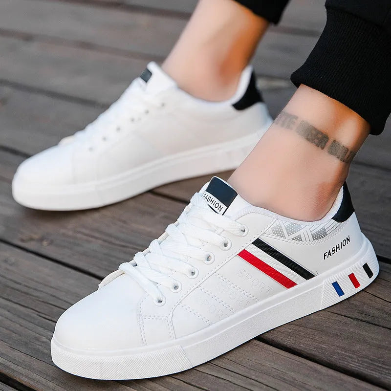 Men's black, grey, and white sports shoes shown with a size chart listing sizes 39-44 and foot lengths 245mm-270mm.