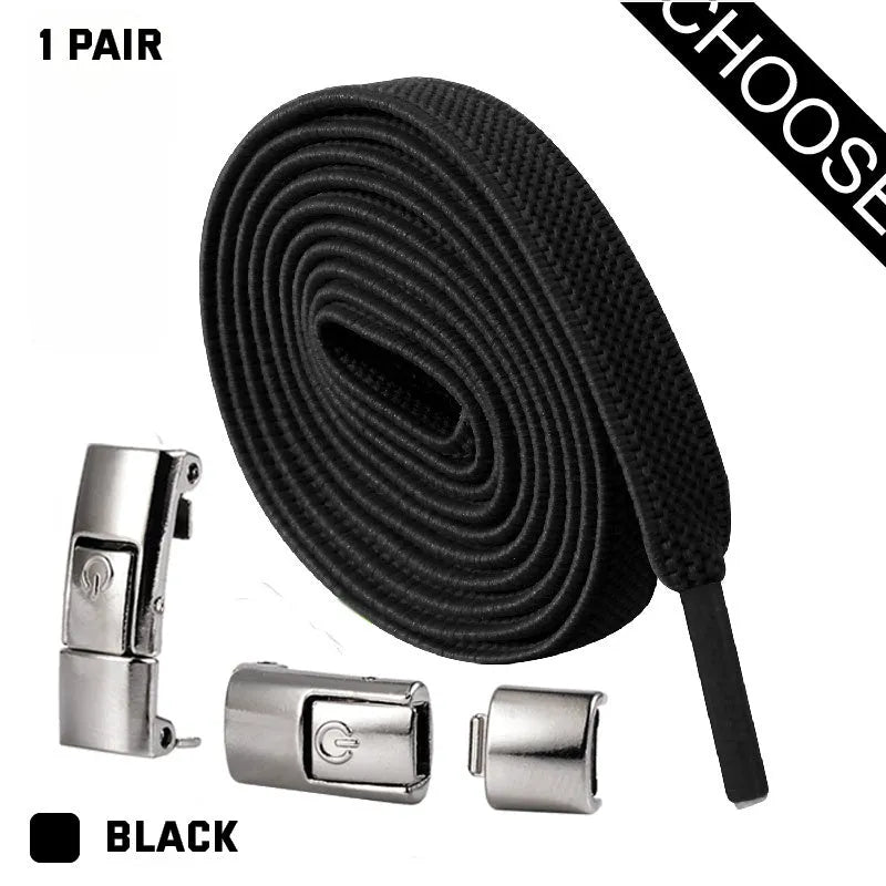 Press lock elastic no-tie shoelaces with widened 8mm flat profile in assorted colours