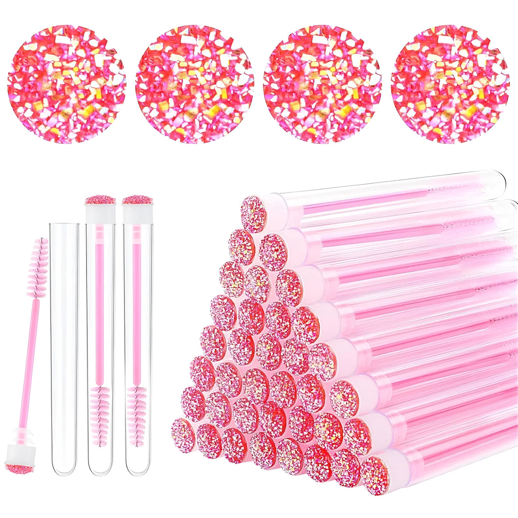 Set of coloured disposable eyelash mascara brushes inside clear plastic protective tubes.