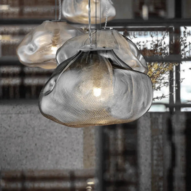 Modern European fabric chandelier with glass shade in amber, clear, or smoke grey colours