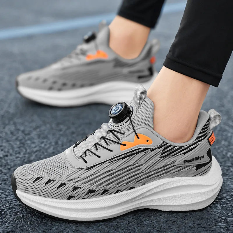 Men's white and green Fly-kit mesh running shoes with rotating buckle closure system on flat TPU sole
