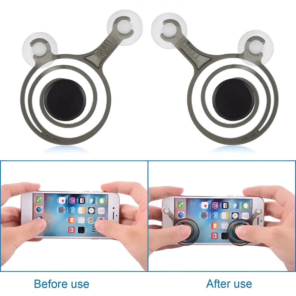 A pair of clear mini joysticks with black caps next to a drawstring bag, for mobile phone touch screen games.