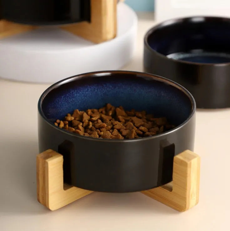 Ceramic cat bowl in 13cm or 15.5cm with Bowl, Double Wooden, or Wooden frame style