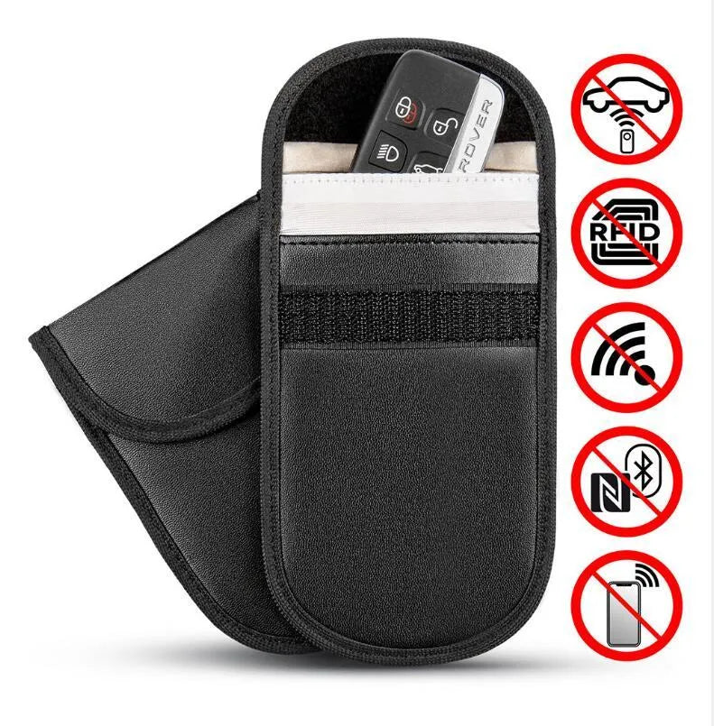 Black microfiber Faraday cage bag for blocking car key and RFID signals, size 13.5cm by 9.5cm.