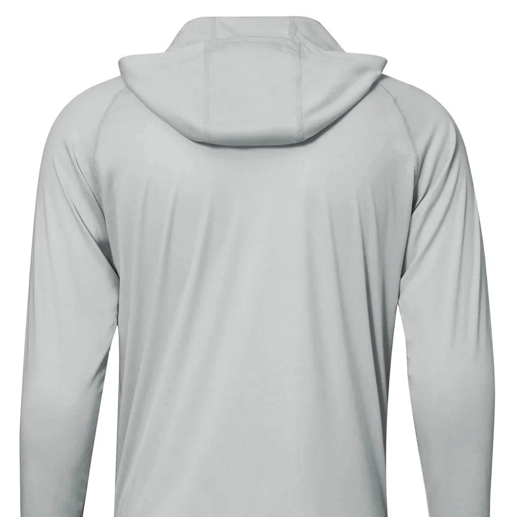 Man wearing a thin grey long sleeve hooded outdoor top for UV protection during fishing or hiking.