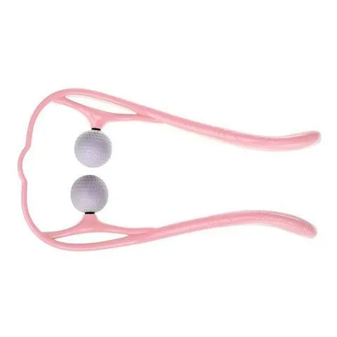 Plastic neck massager with hand roller in pink, blue, or green colours on adjustable stand