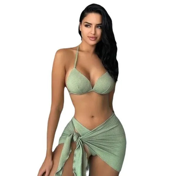 Women's three-piece solid color swimsuit with high elastic top panties and skirt in avocado green black white or pink